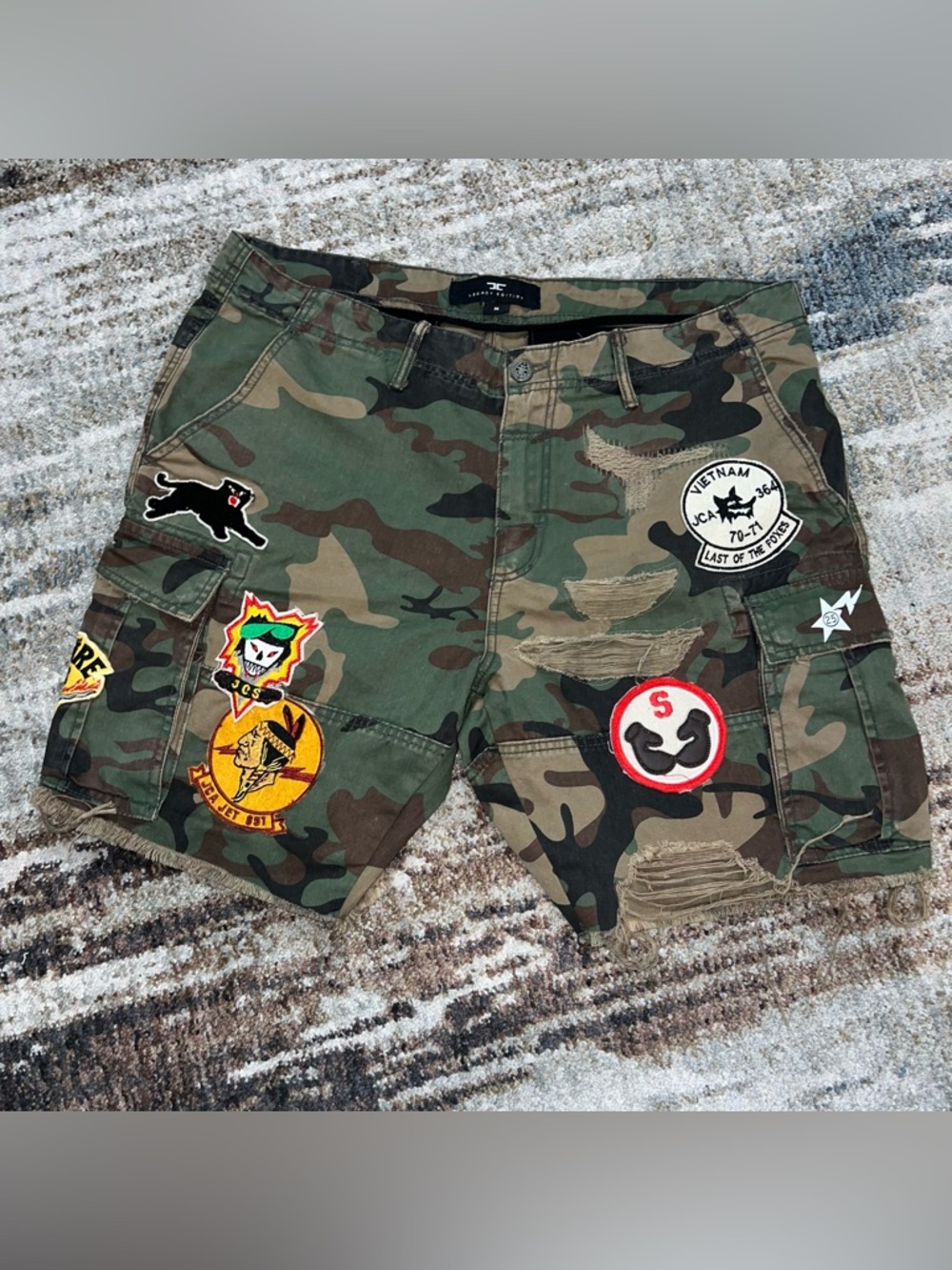 NEW War Angel Camouflage Patch Work Cargo Shorts